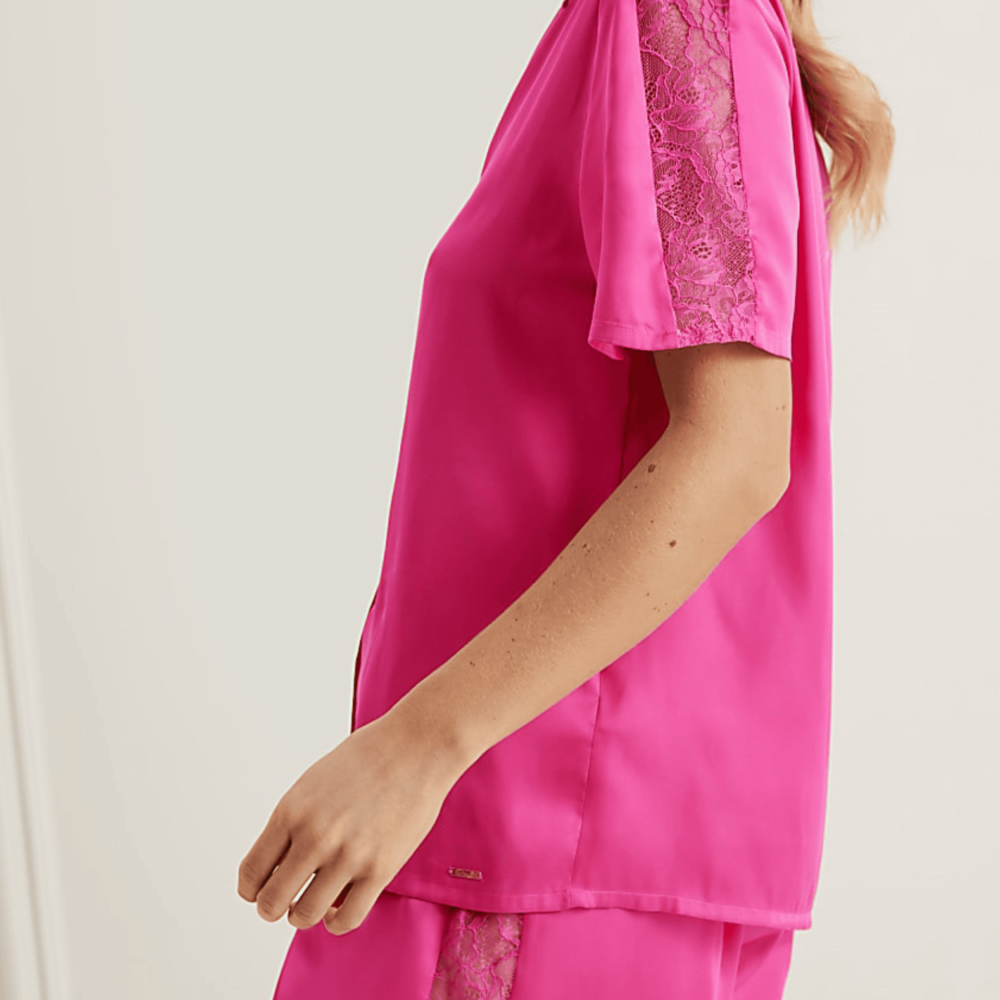 Hot Pink Satin Collared Short Set