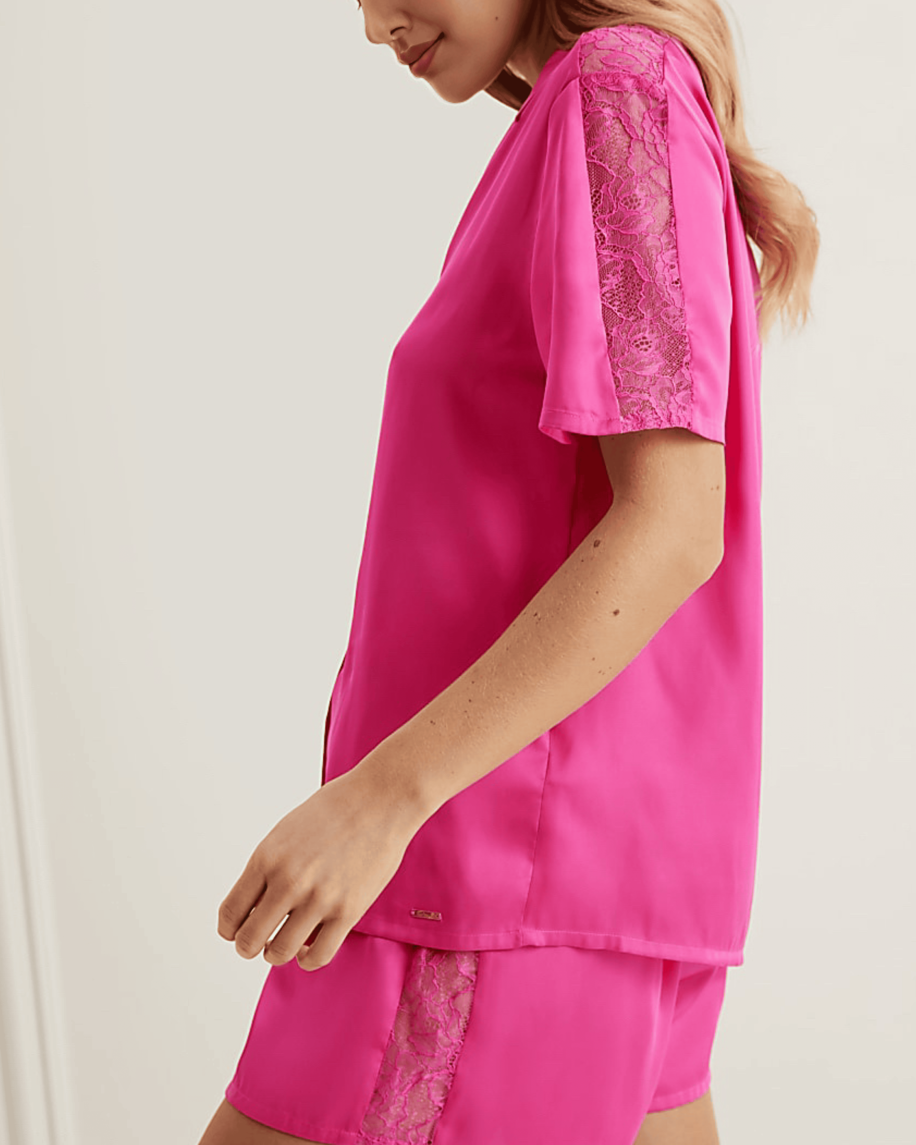 Hot Pink Satin Collared Short Set