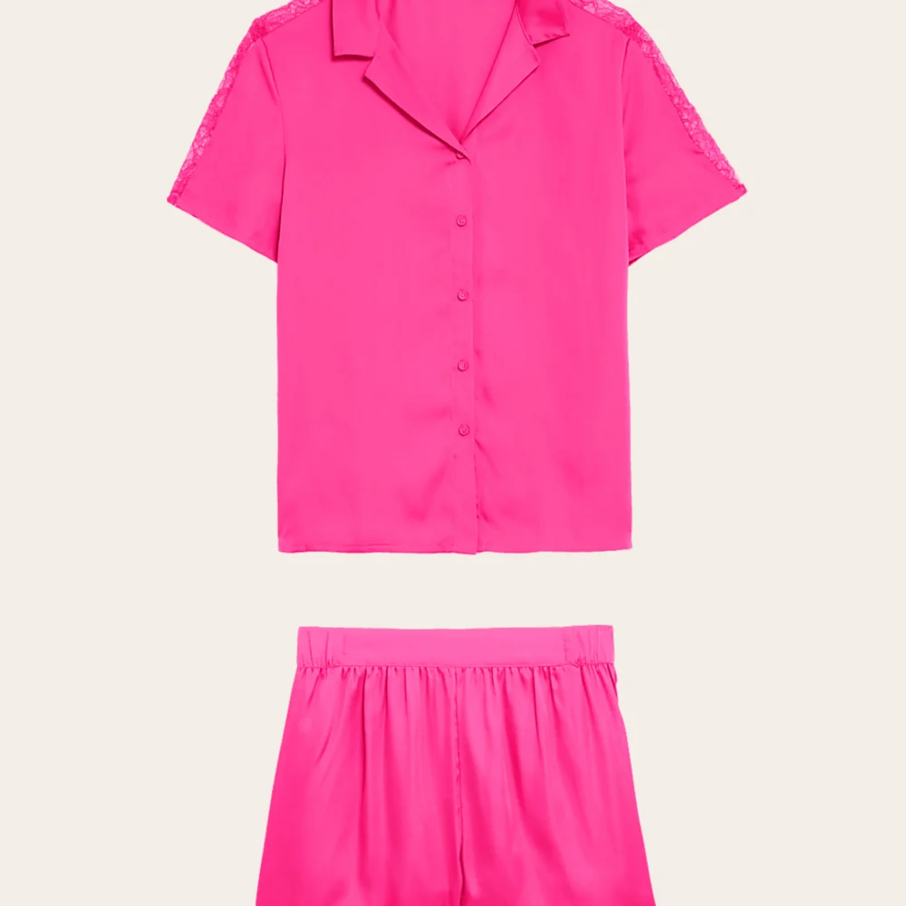 Hot Pink Satin Collared Short Set
