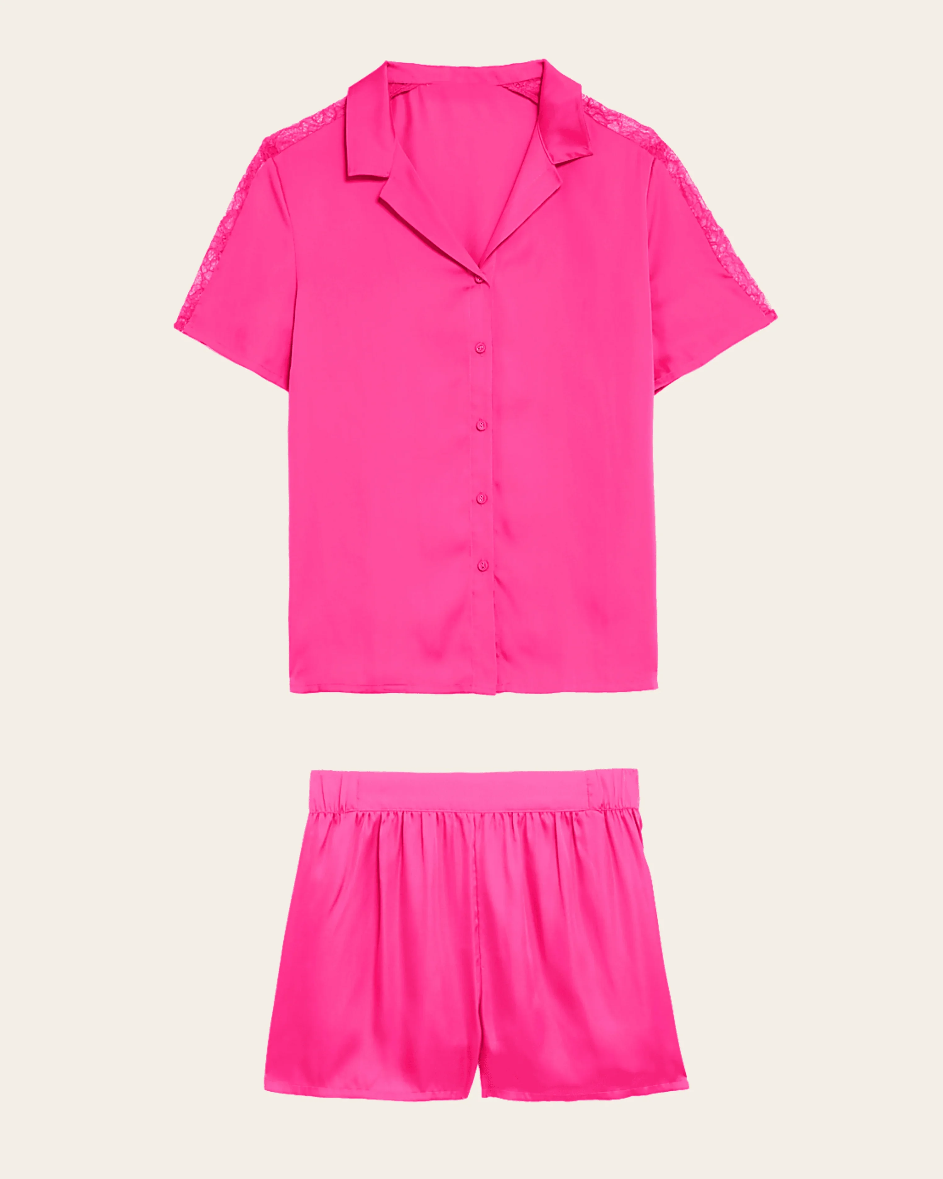 Hot Pink Satin Collared Short Set
