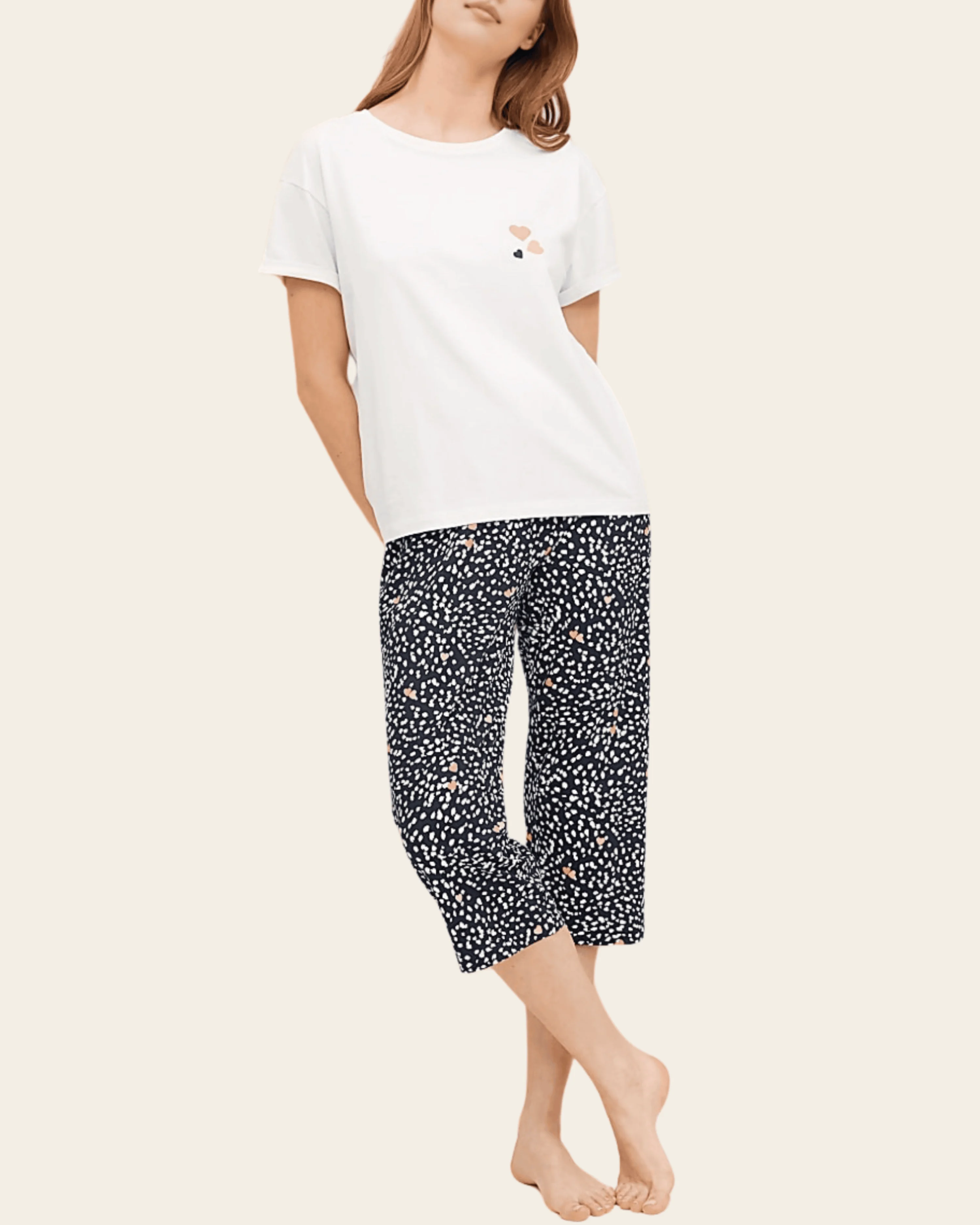 Pure Cotton Heart Print Cropped Pyjama Set