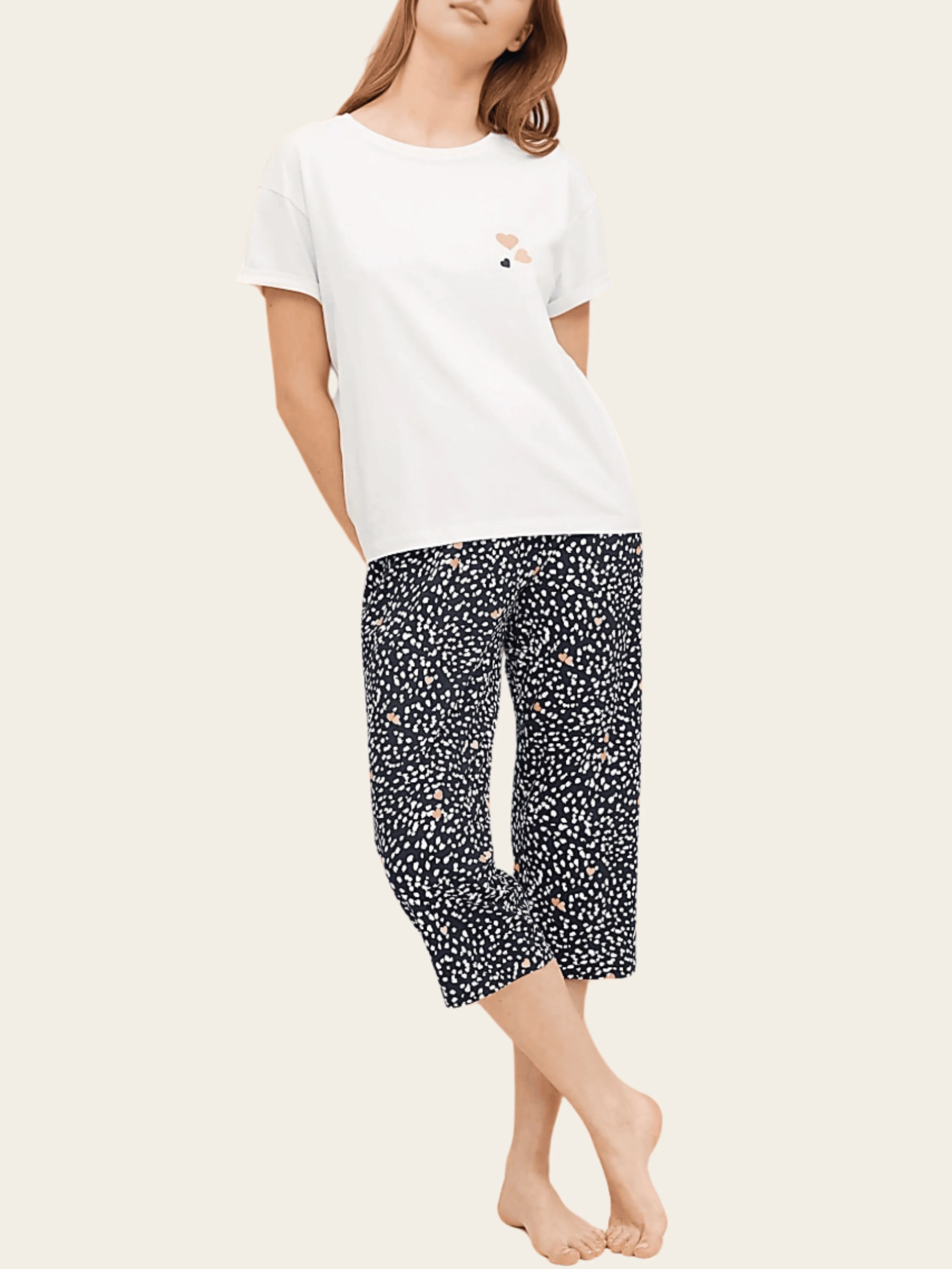 Pure Cotton Heart Print Cropped Pyjama Set