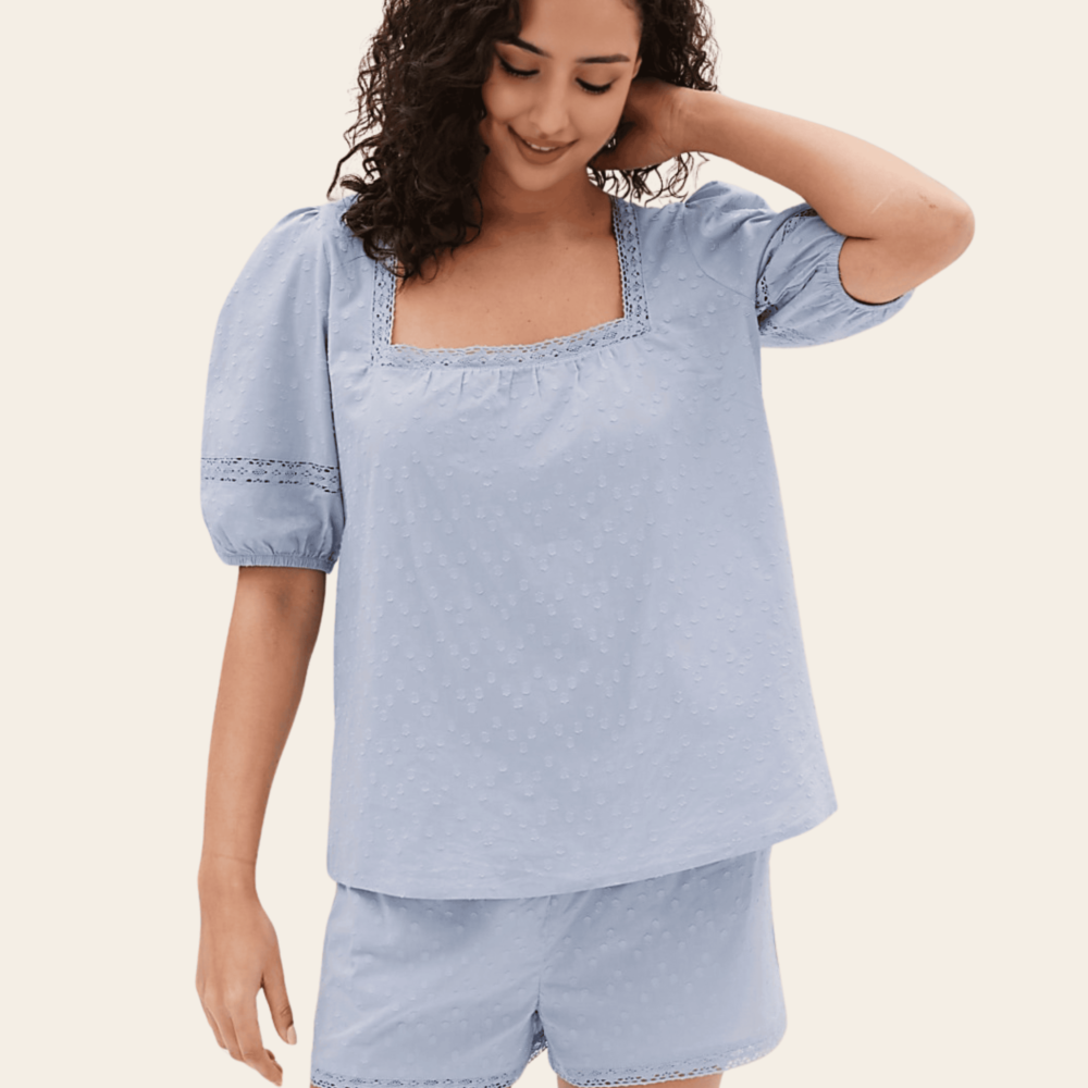 Vintage Blue Cotton Lace Shortie Set