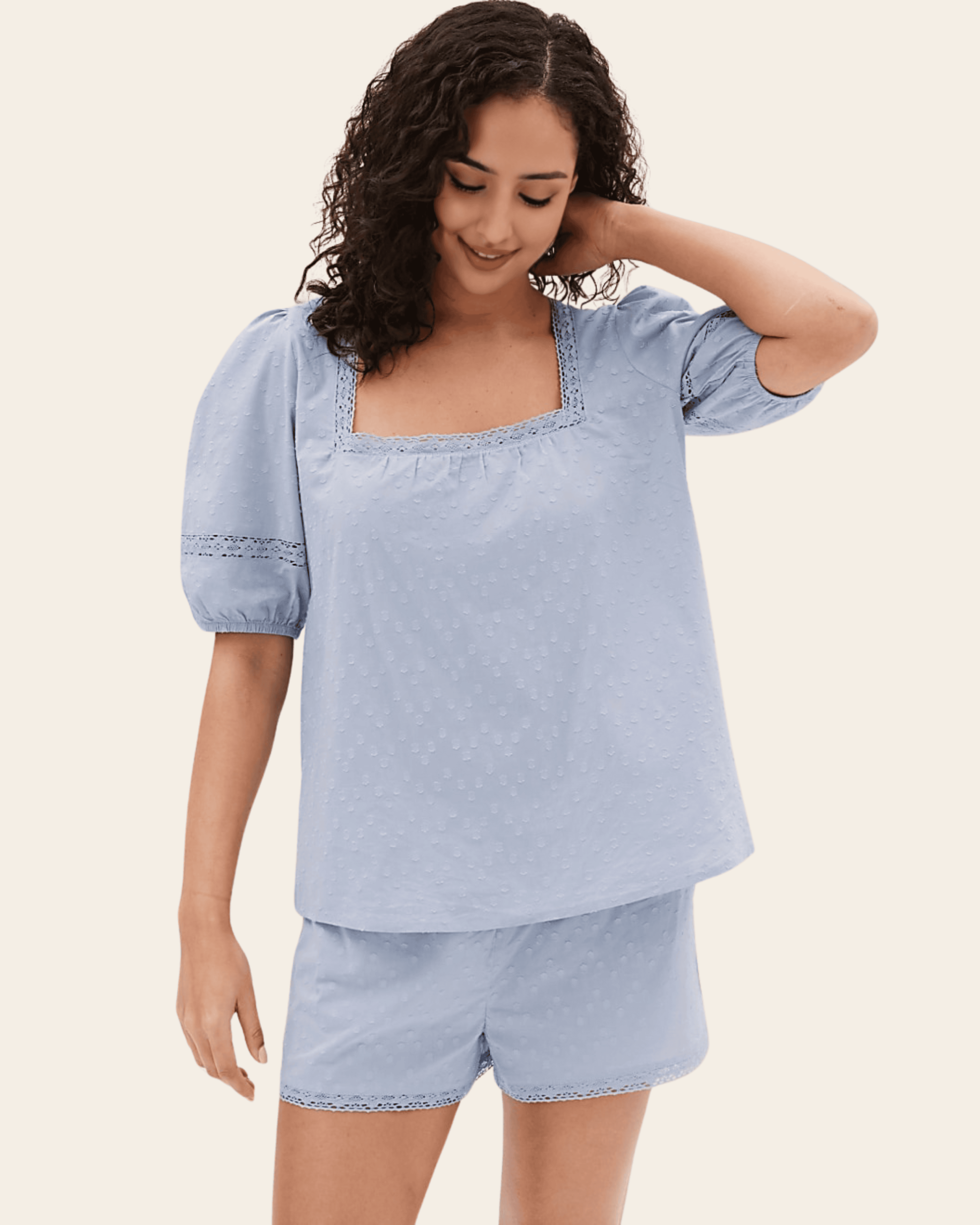 Vintage Blue Cotton Lace Shortie Set