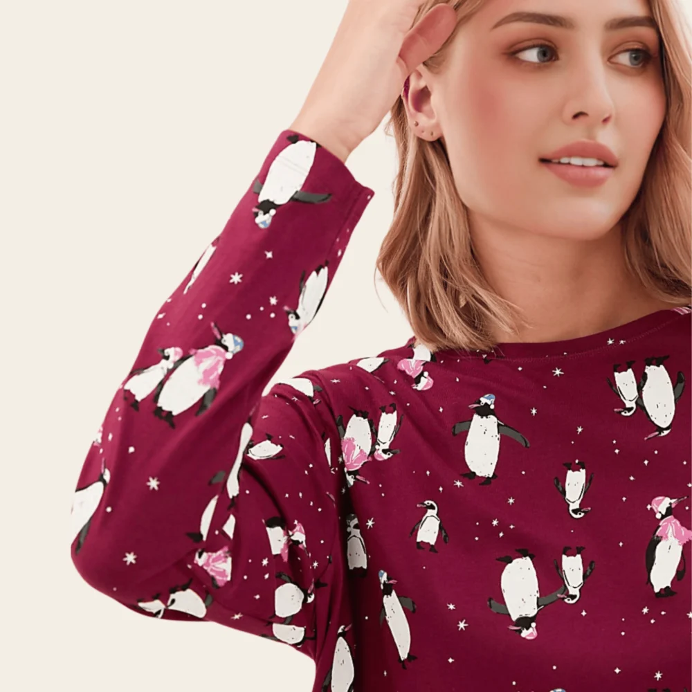 Festive Penguin Print Cotton Pyjama Set