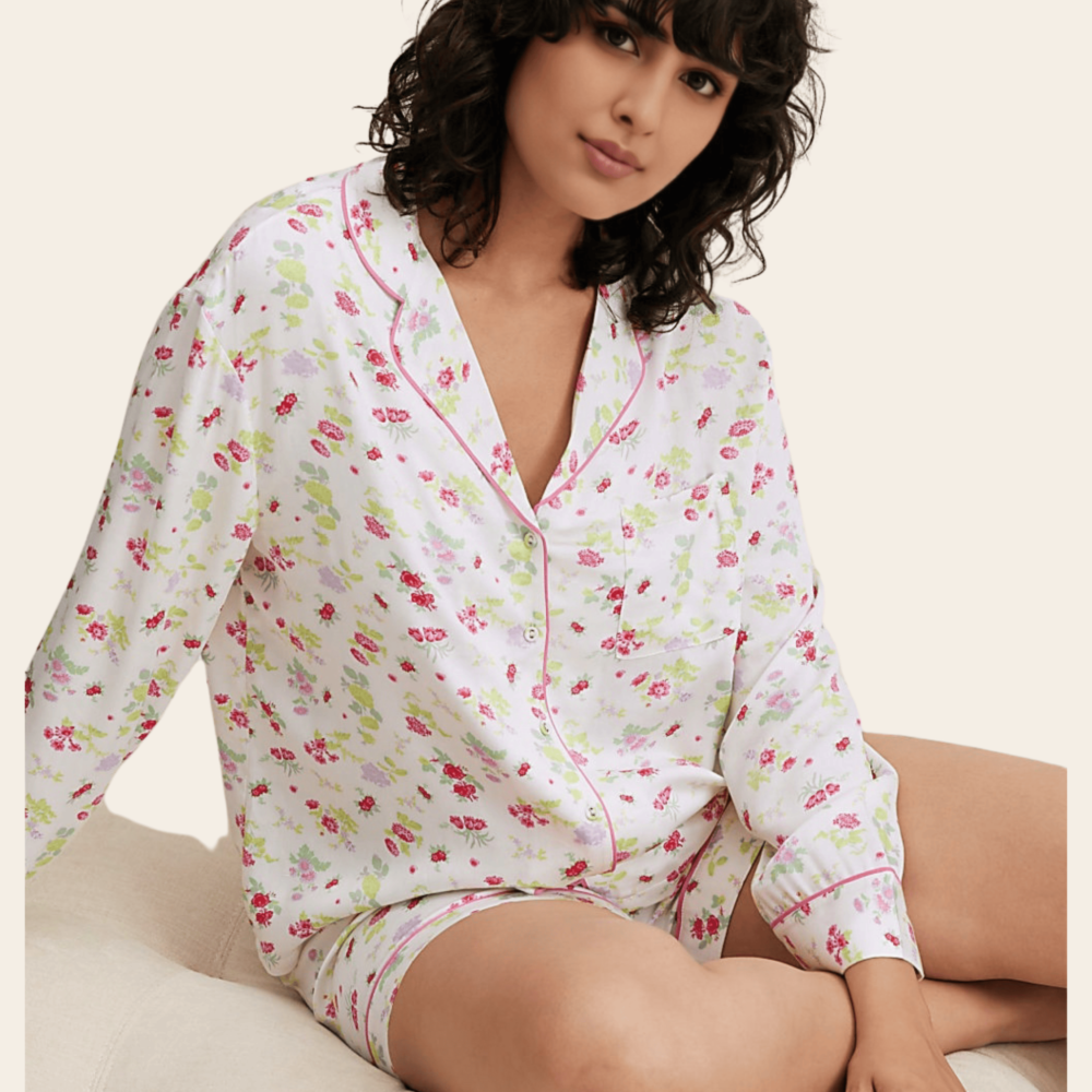 Floral Viscose Notched Lapel Sleep Top