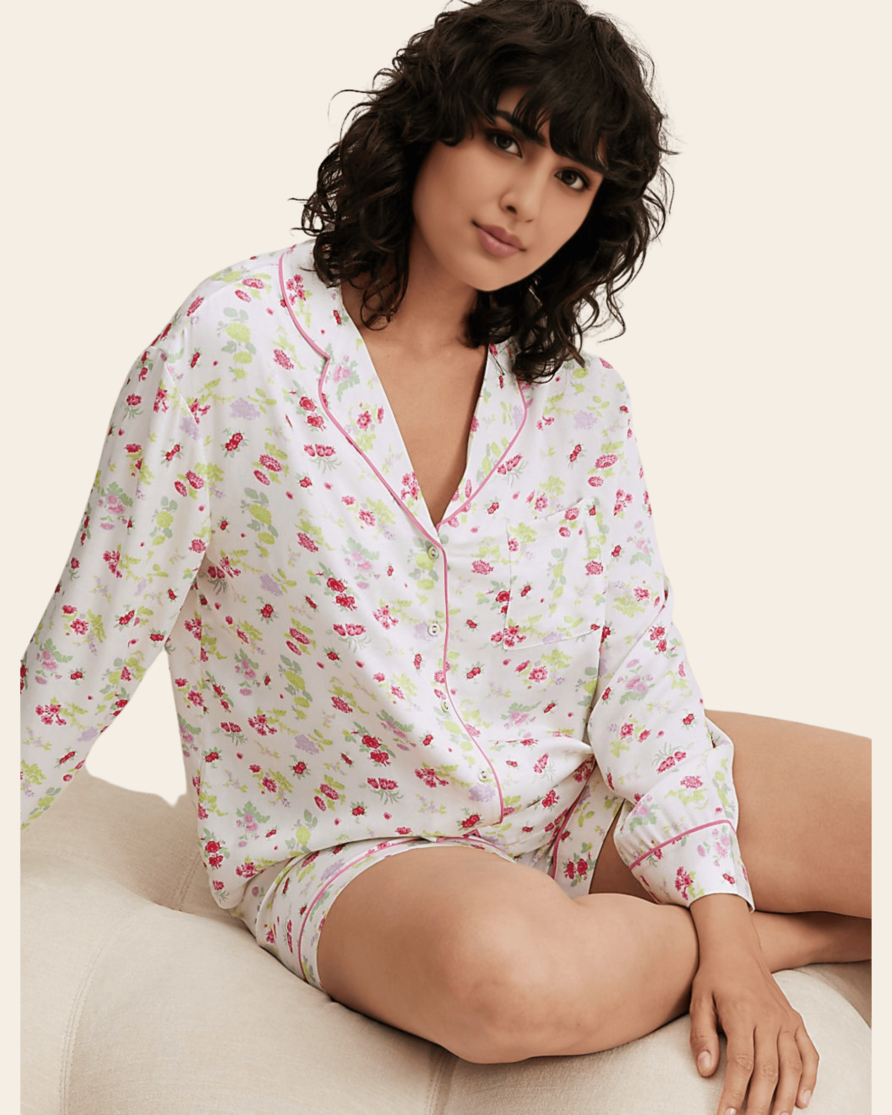 Floral Viscose Notched Lapel Sleep Top