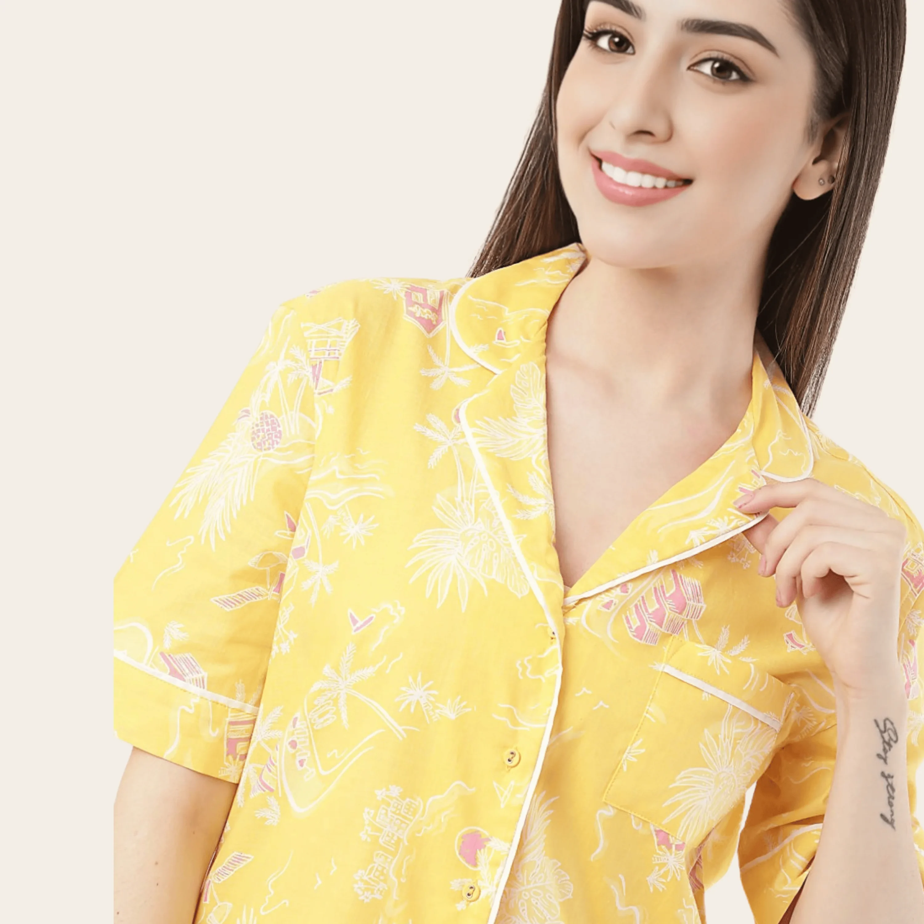 Sunny Yellow Cotton Pyjama Set With Revere Collar