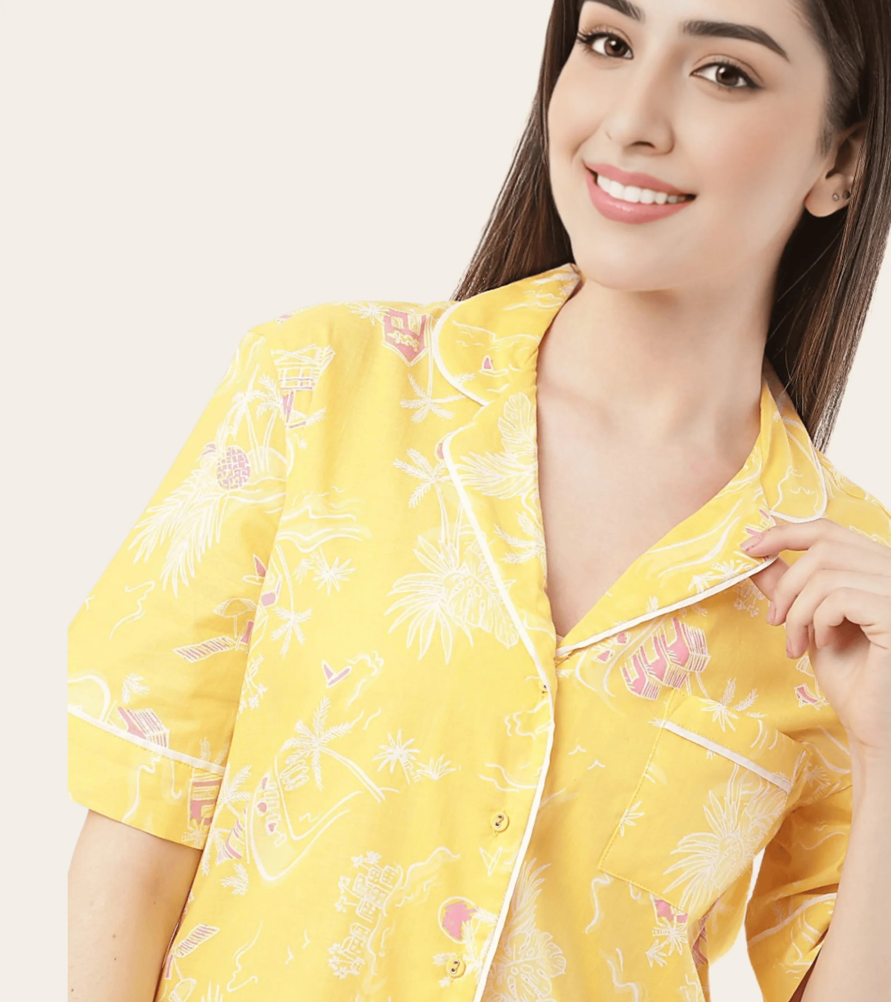 Sunny Yellow Cotton Pyjama Set With Revere Collar