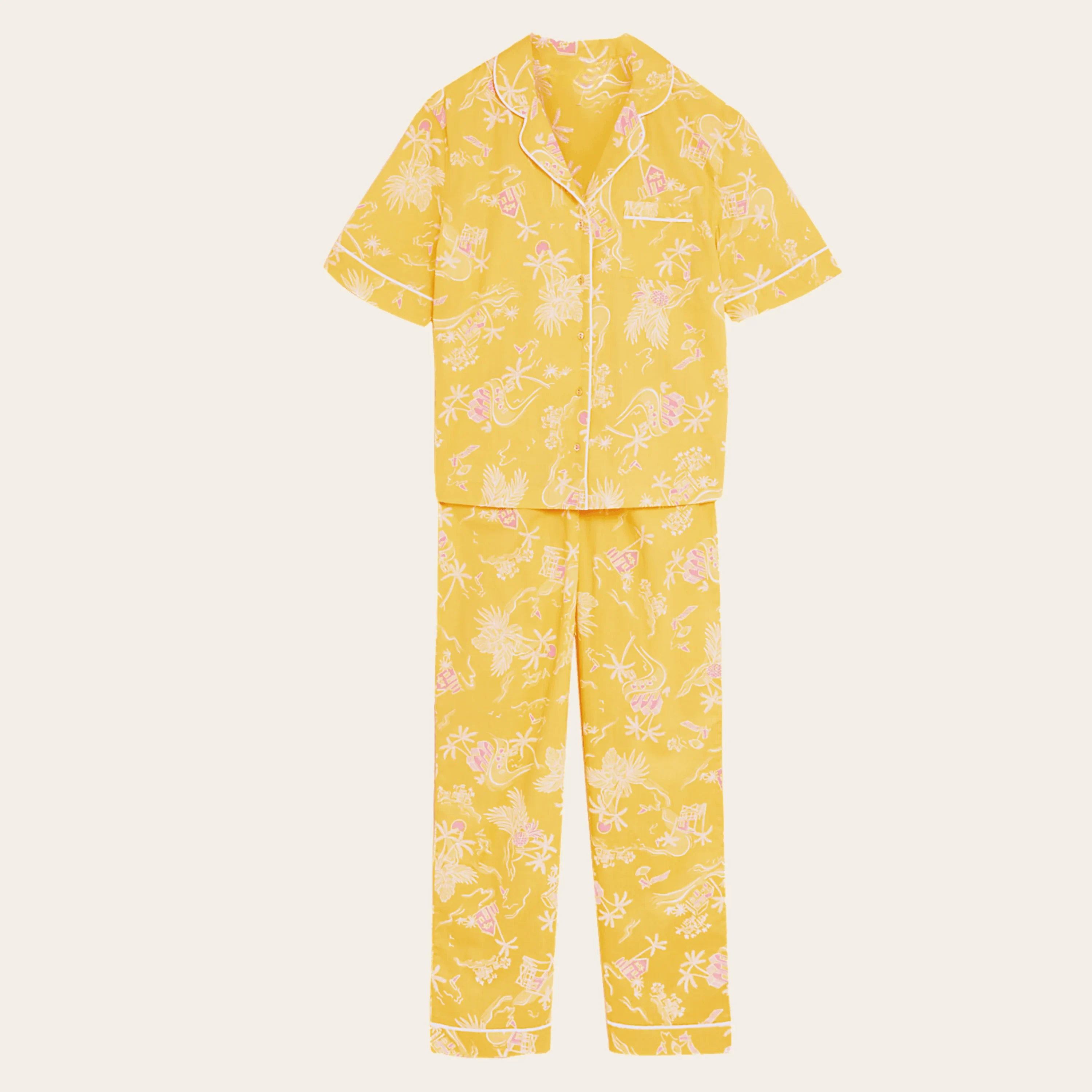 Sunny Yellow Cotton Pyjama Set With Revere Collar