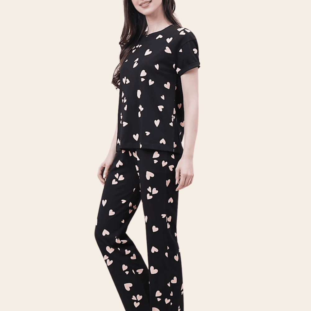 Black Heart Print Cotton Lounge Set