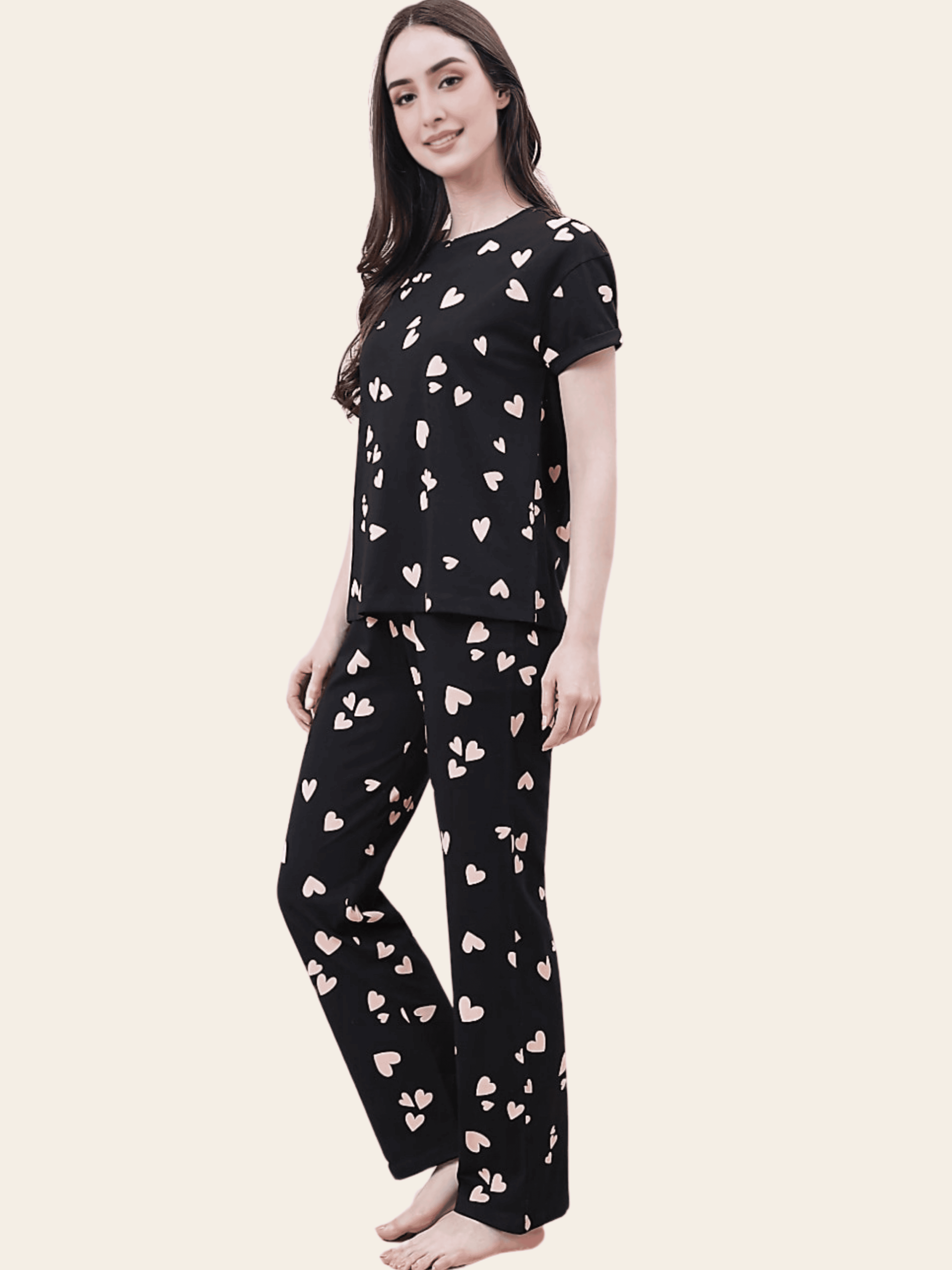 Black Heart Print Cotton Lounge Set