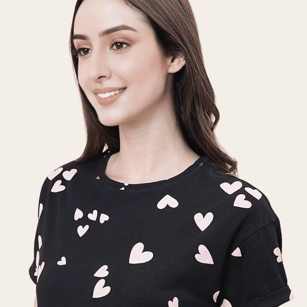 Black Heart Print Cotton Lounge Set