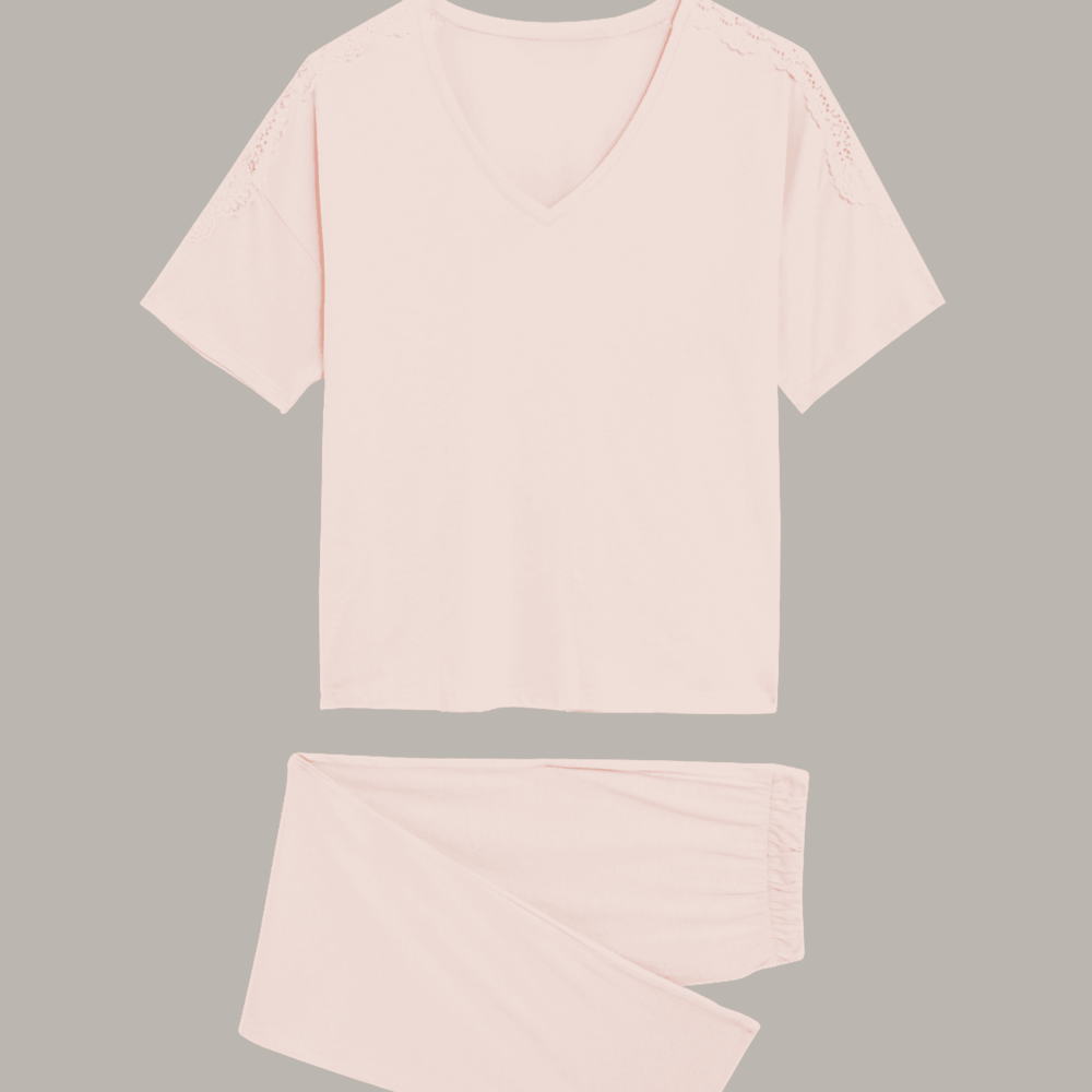 Soft Pink Lace Trim Cotton Modal Pyjama Set