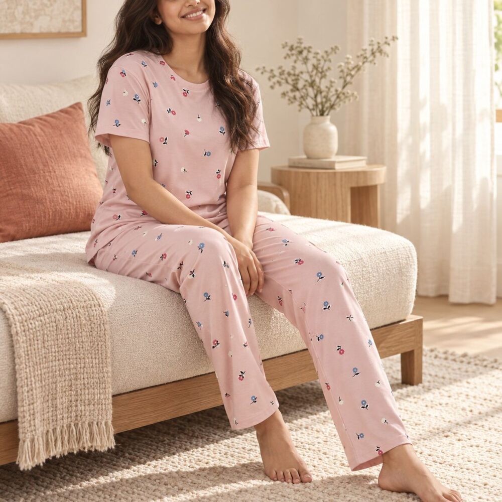 Cotton Bloom Pink Floral Pyjama Set