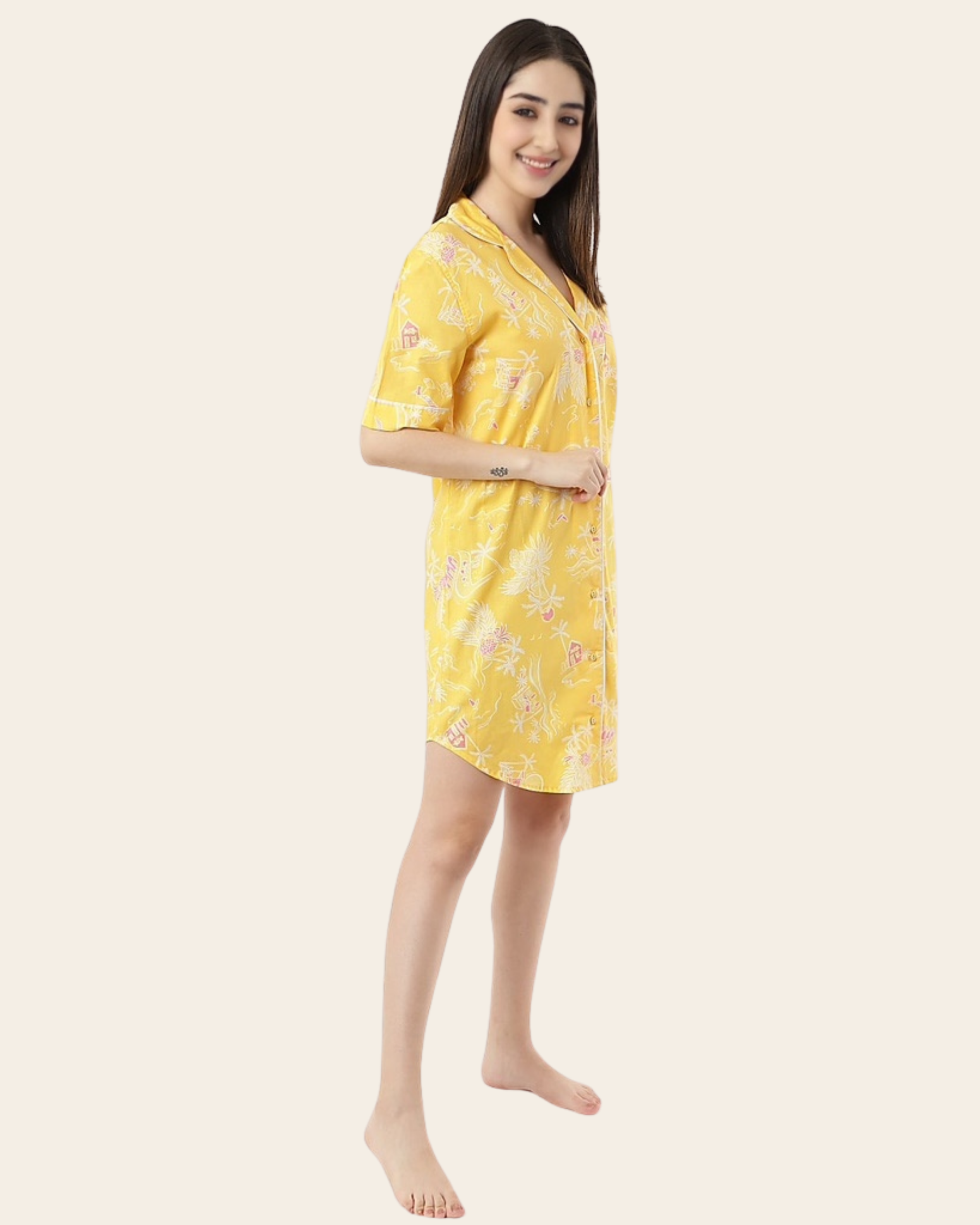 Tropical Glow Shirt Nightdress – Yellow