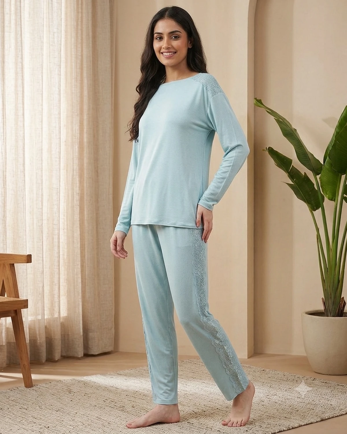 Viscose Blend Lace Relaxed-Fit Pyjama Set