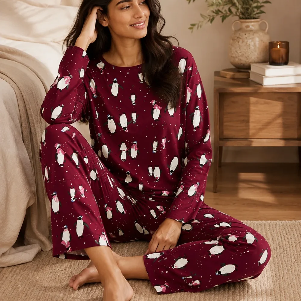Festive Penguin Print Cotton Pyjama Set