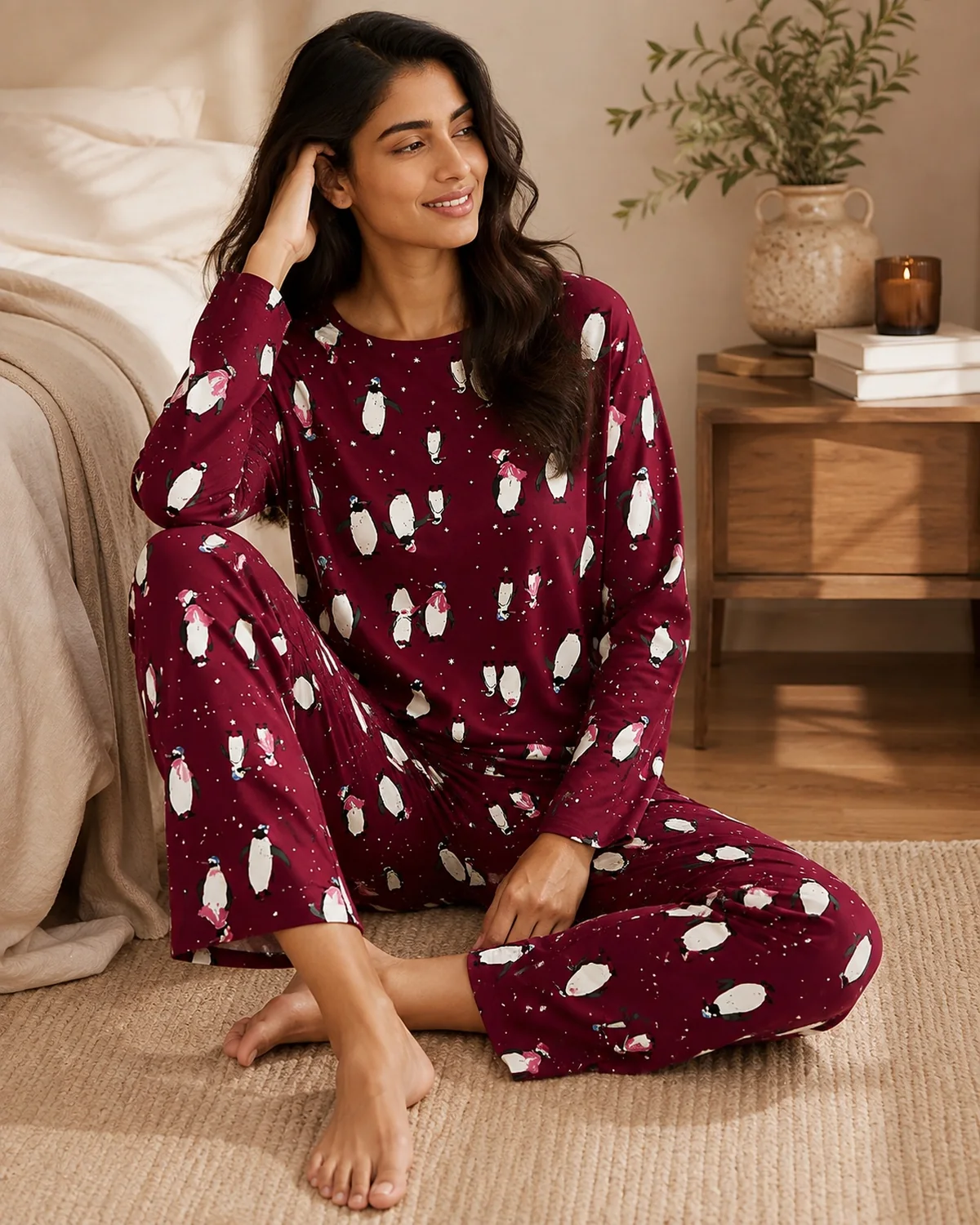 Festive Penguin Print Cotton Pyjama Set
