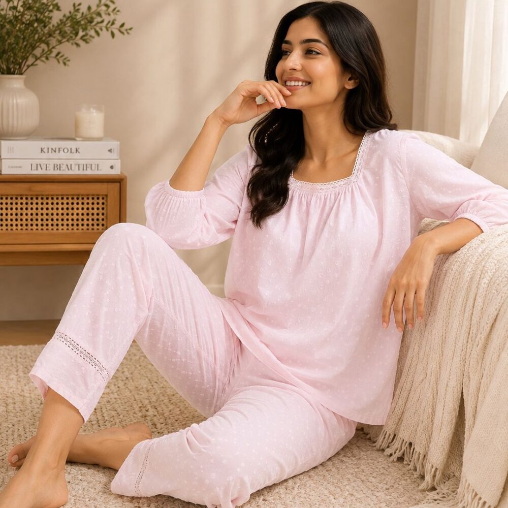 Blush Pink Cotton Square Neck Pyjama Set