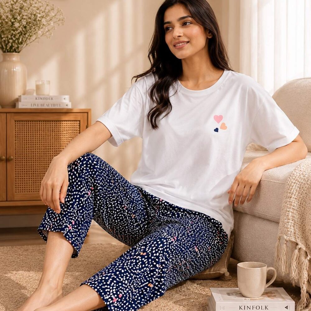 Pure Cotton Heart Print Cropped Pyjama Set