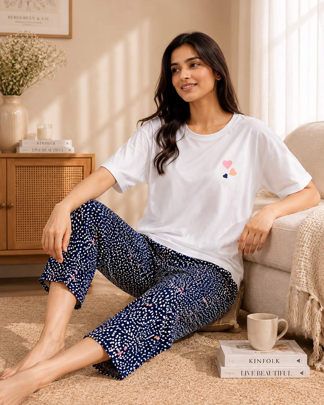 Pure Cotton Heart Print Cropped Pyjama Set
