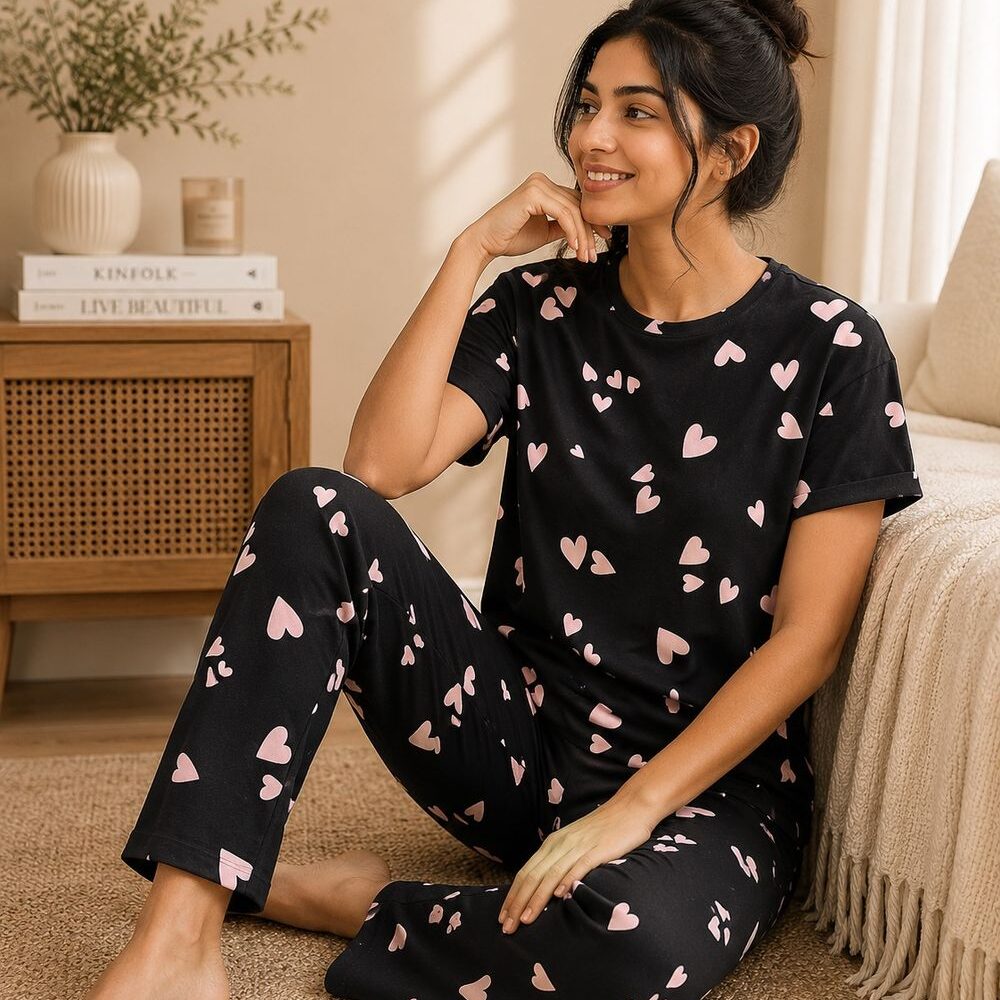 Black Heart Print Cotton Lounge Set