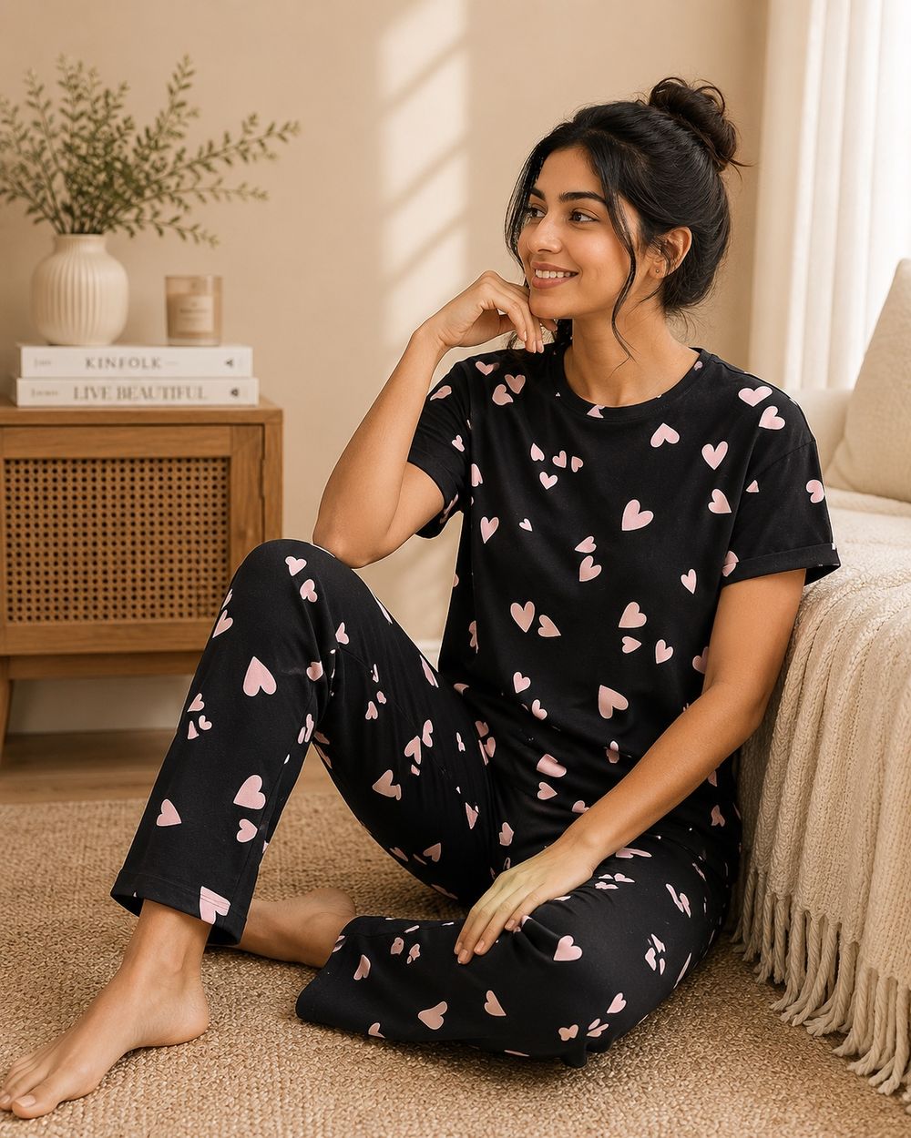 Black Heart Print Cotton Lounge Set