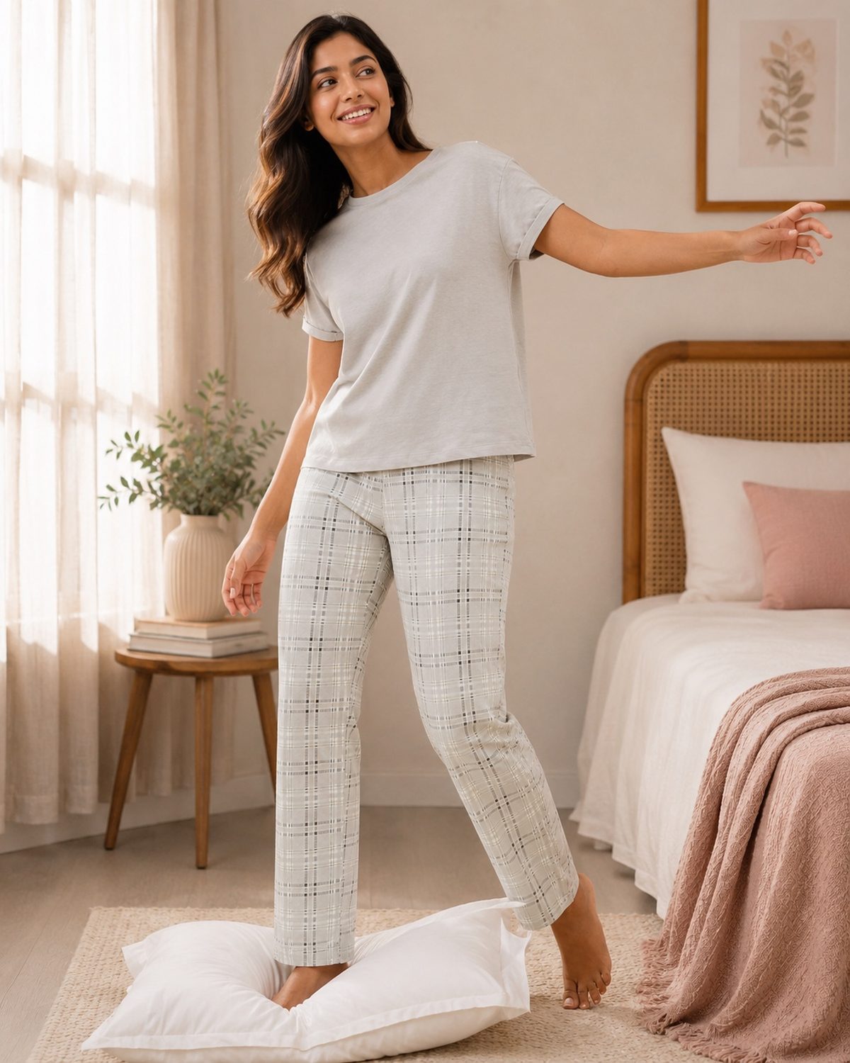Soft Grey Check Cotton Set