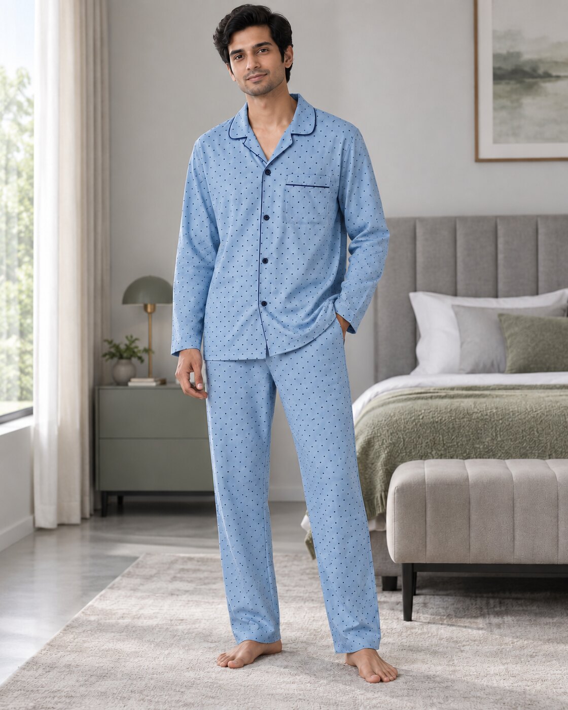 Powder Blue Dot Buttoned Set